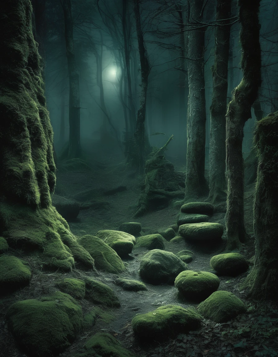 Deep within a mist-shrouded forest, a series of ancient stone circles stand sentinel over long-forgotten secrets. The air is thick with the scent of damp earth and moss, and the silence is broken only by the distant hoot of an owl. At night, eerie, ethereal lights flicker and dance between the stones, casting ghostly glows on the surrounding trees. The moonlight filters through the dense canopy, casting long, twisted shadows that seem to move of their own accord.
Those who have dared to venture close speak in hushed tones of otherworldly figures, cloaked in flowing, shadowy robes, moving with an eerie grace. These spectral beings are said to perform rituals, their chants echoing faintly through the night air, a haunting melody that sends chills down the spine. The rituals, lost to time and memory, are believed to be ancient rites of power, invoking forces beyond human comprehension. Some claim to have seen glowing symbols etched into the stones, pulsing with an otherworldly energy, and have felt an inexplicable pull, as if the stones themselves are alive, guarding their arcane knowledge with a silent, watchful vigilance.