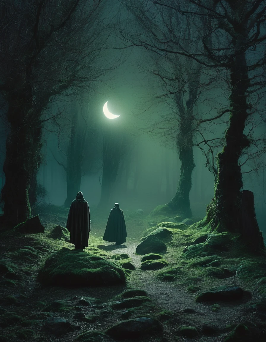 Deep within a mist-shrouded forest, a series of ancient stone circles stand sentinel over long-forgotten secrets. The air is thick with the scent of damp earth and moss, and the silence is broken only by the distant hoot of an owl. At night, eerie, ethereal lights flicker and dance between the stones, casting ghostly glows on the surrounding trees. The moonlight filters through the dense canopy, casting long, twisted shadows that seem to move of their own accord.
Those who have dared to venture close speak in hushed tones of otherworldly figures, cloaked in flowing, shadowy robes, moving with an eerie grace. These spectral beings are said to perform rituals, their chants echoing faintly through the night air, a haunting melody that sends chills down the spine. The rituals, lost to time and memory, are believed to be ancient rites of power, invoking forces beyond human comprehension. Some claim to have seen glowing symbols etched into the stones, pulsing with an otherworldly energy, and have felt an inexplicable pull, as if the stones themselves are alive, guarding their arcane knowledge with a silent, watchful vigilance.