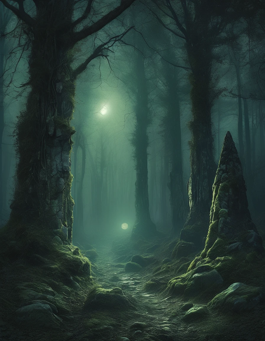 Deep within a mist-shrouded forest, a series of ancient stone circles stand sentinel over long-forgotten secrets. The air is thick with the scent of damp earth and moss, and the silence is broken only by the distant hoot of an owl. At night, eerie, ethereal lights flicker and dance between the stones, casting ghostly glows on the surrounding trees. The moonlight filters through the dense canopy, casting long, twisted shadows that seem to move of their own accord.
Those who have dared to venture close speak in hushed tones of otherworldly figures, cloaked in flowing, shadowy robes, moving with an eerie grace. These spectral beings are said to perform rituals, their chants echoing faintly through the night air, a haunting melody that sends chills down the spine. The rituals, lost to time and memory, are believed to be ancient rites of power, invoking forces beyond human comprehension. Some claim to have seen glowing symbols etched into the stones, pulsing with an otherworldly energy, and have felt an inexplicable pull, as if the stones themselves are alive, guarding their arcane knowledge with a silent, watchful vigilance.
