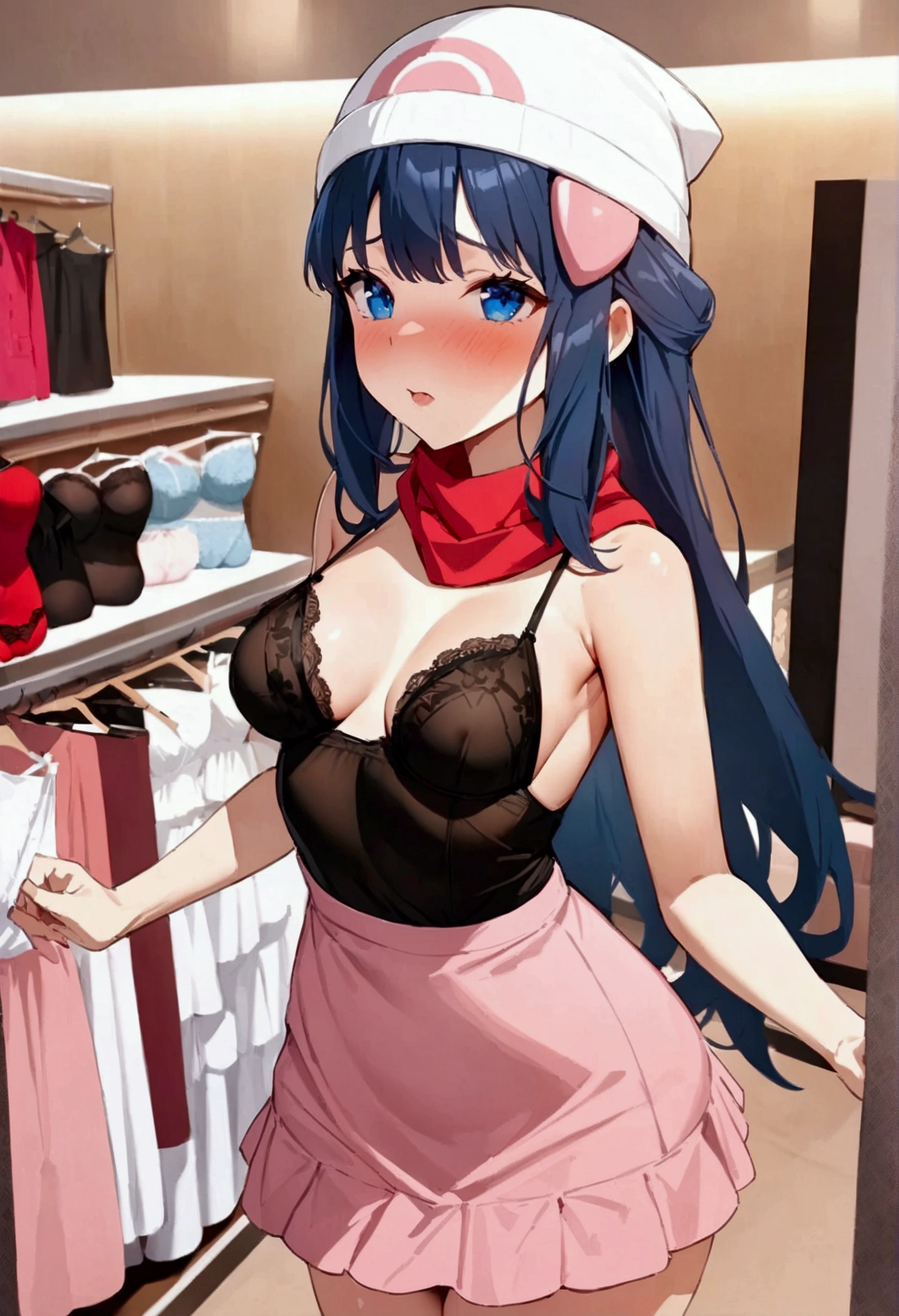 NSFW,masterpiece,Highest quality,High resolution,Super detailed,dawn_\(pokemon\),blue eyes, Blue Hair, Long Hair, Side Lock, Hair Clip, Beanie, Black Dress, No sleeve, Pink Skirt, scarf,Embarrassed,blush,Shopping mall,Lingerie Shop,(Underwear section),Luxurious Room