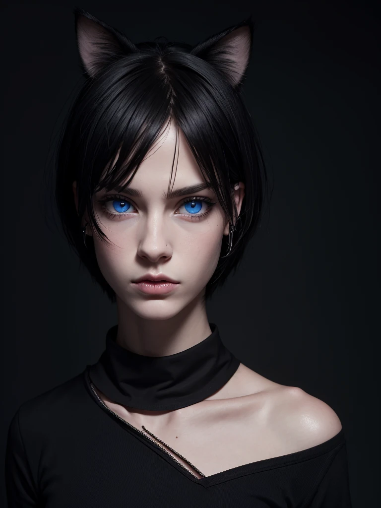 (best quality), 1boy, male, pale skin, black hair, short hair, tousled hair, messy bangs, bangs over eyes, blue eyes, perfect eyes, dark circles under eyes, frown, (cat ears), attractive, goth boy, long sleeved black crop top, black earstuds, skinny body, masterpiece, anatomically correct, highres
