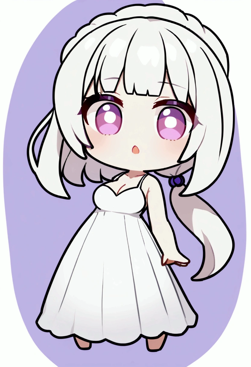 1girl, long white hair, pony tail, violet eyes, , big breasts, simple white dress with deep decolletage, chibi style