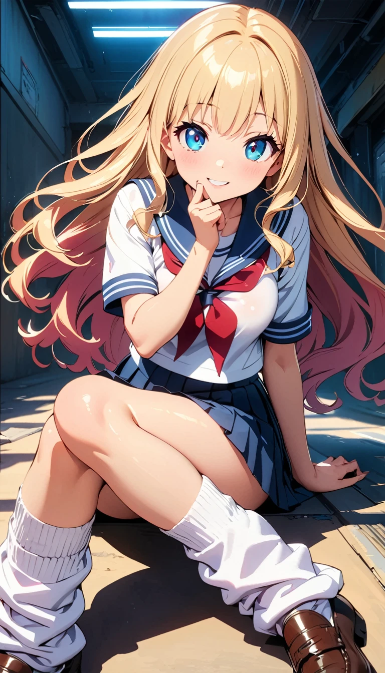 (Highest quality:1.24K, 8K, Studio Anime, Very detailed, up to date, Vibrant, High detail, High Contrast, masterpiece:1.2, Highest quality, Best aesthetics), (((1 Girl))), Sit and pose, JK, Sailor suit, Pleated skirt, loose socks, loafers, Open your mouth a little:1.2, smile, Dynamic Angle, look up:1.3, Friendly atmosphere, Beautiful Hair, Shiny Hair, Beautiful Skin, Detailed face and eyes, Glossy Lips, Curvy Women, Striking contrast,