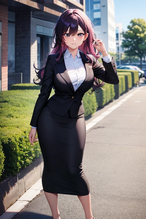 best quality, 1girl, beautiful business woman looking at viewer blushing, black business suit, black midi pencil skirt, black blazer, heels, full body, medium purple hair, wavy hair, garden