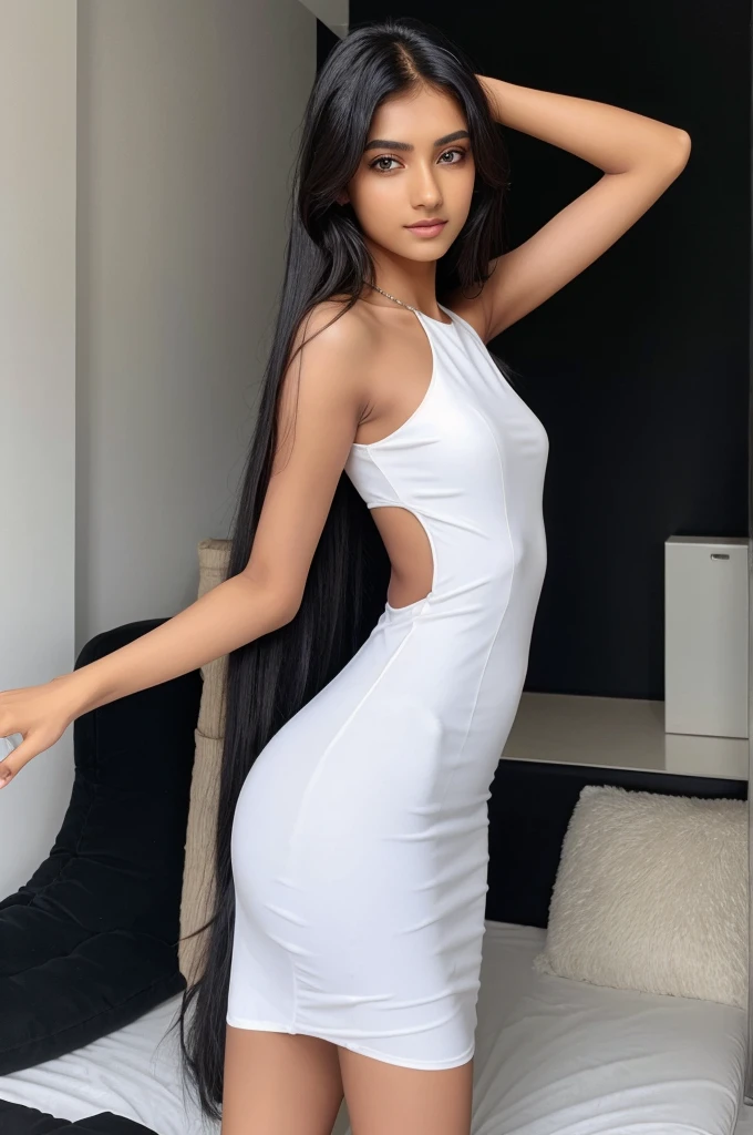 A 21 years old indian girl white skin colour long back hair skinny body look's like model in stylish black dress 