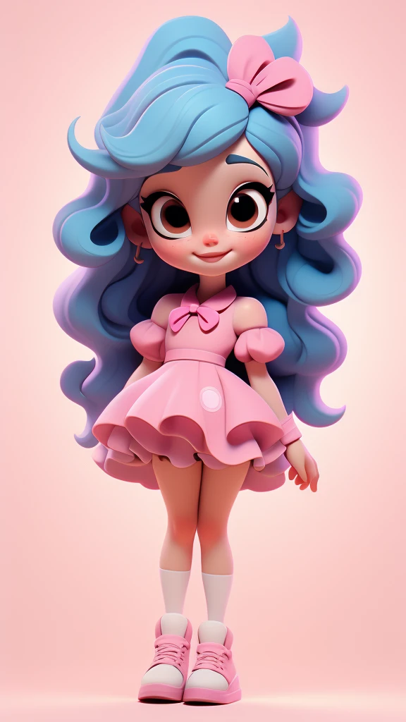 8k, highly detailed, beautiful girl, baby, chibi, , cover art, blue hair bow, brown long hair pink sleeve dress, white background,white shoes, balancing, optimistic