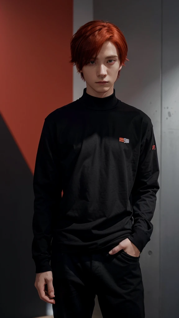 ((1 man)), Alone, looking at the viewer, anime type red hair, wearing a red long sleeve shirt, a black pants, Anime red eyes, Upper part of the body, Gray background, realist, dioknigsreuter