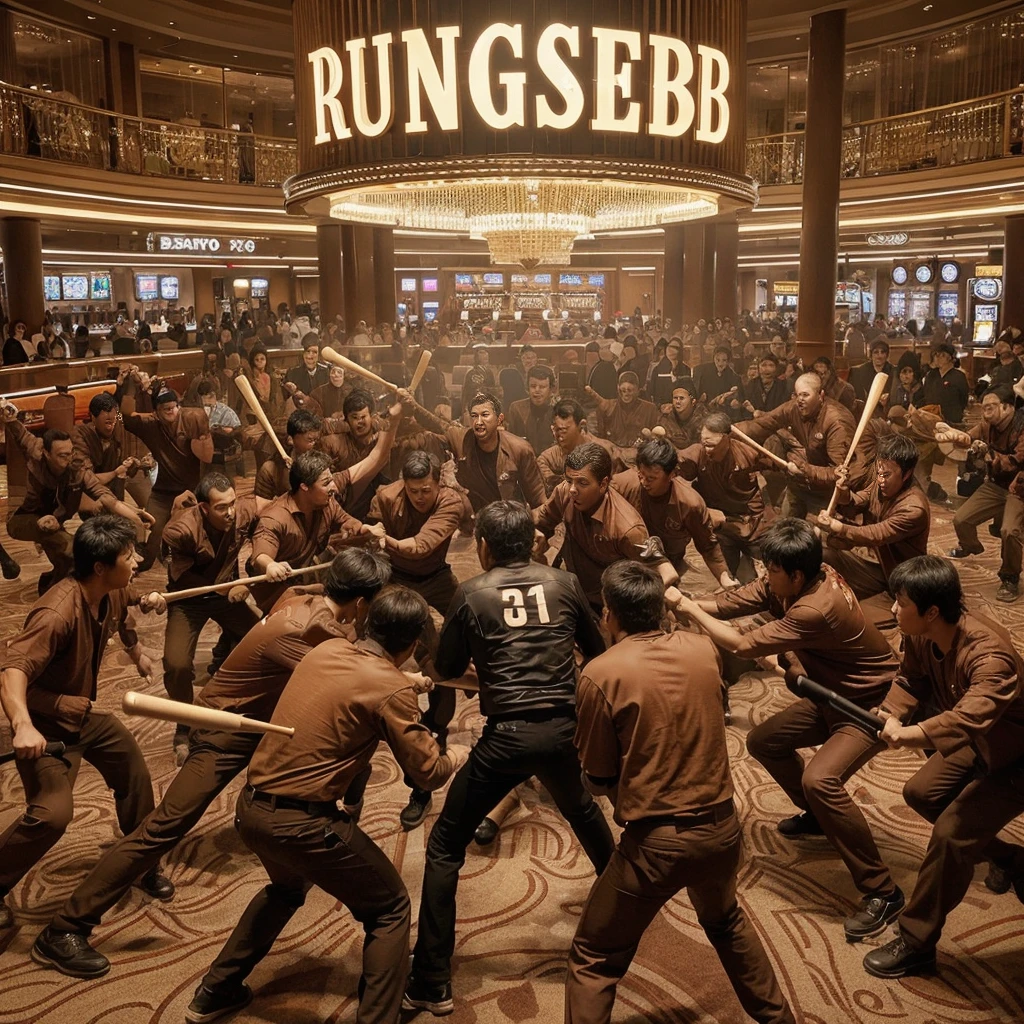 a group of people in brown clothes, holding baseball bats, fighting with a group of people in black, in a luxury casino in Japan, the casino has the words RUNGSEB GROUP