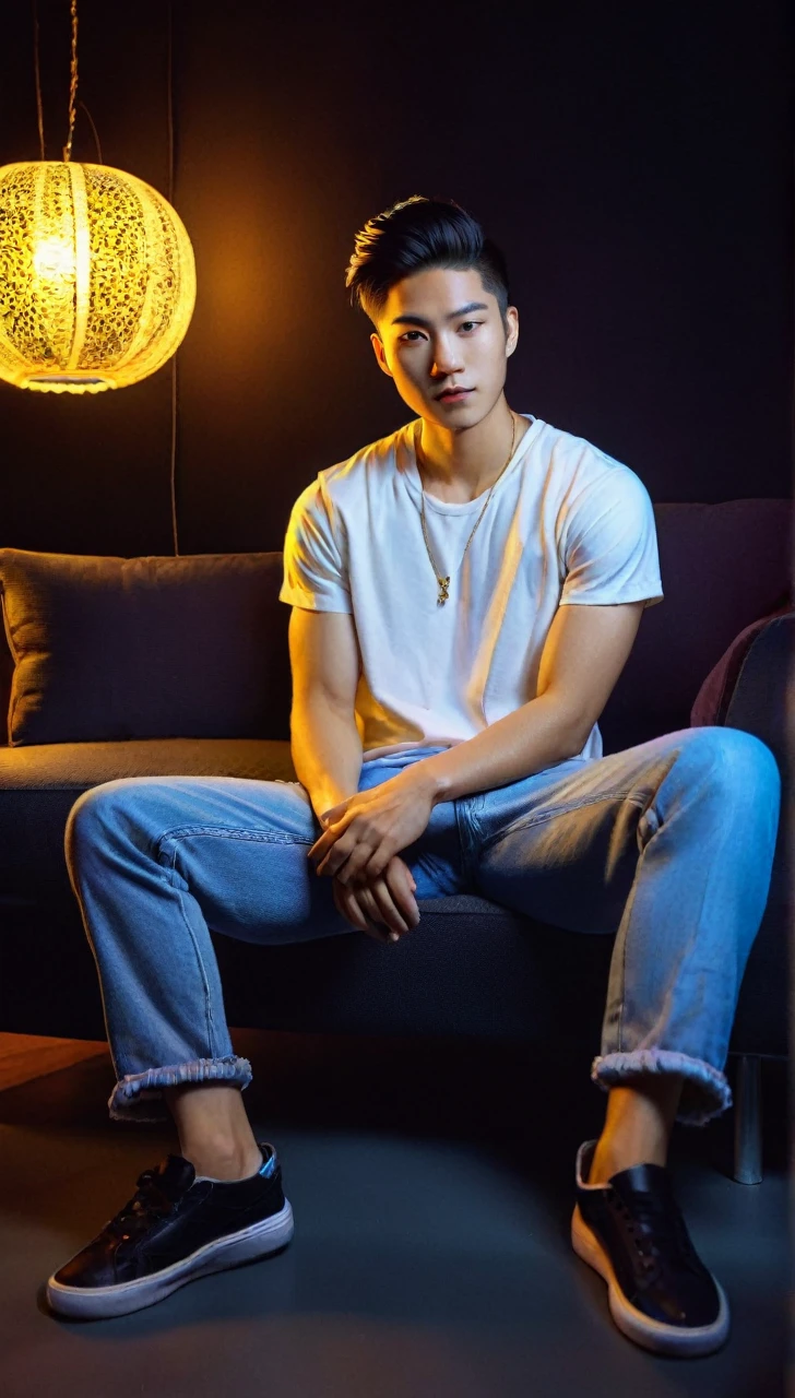 Black light art ，with black background，Carl Bacchus' style, Full body portrait of a very handsome young asian man sitting in living room, manbun hair style, ware white tshirt and denim pants