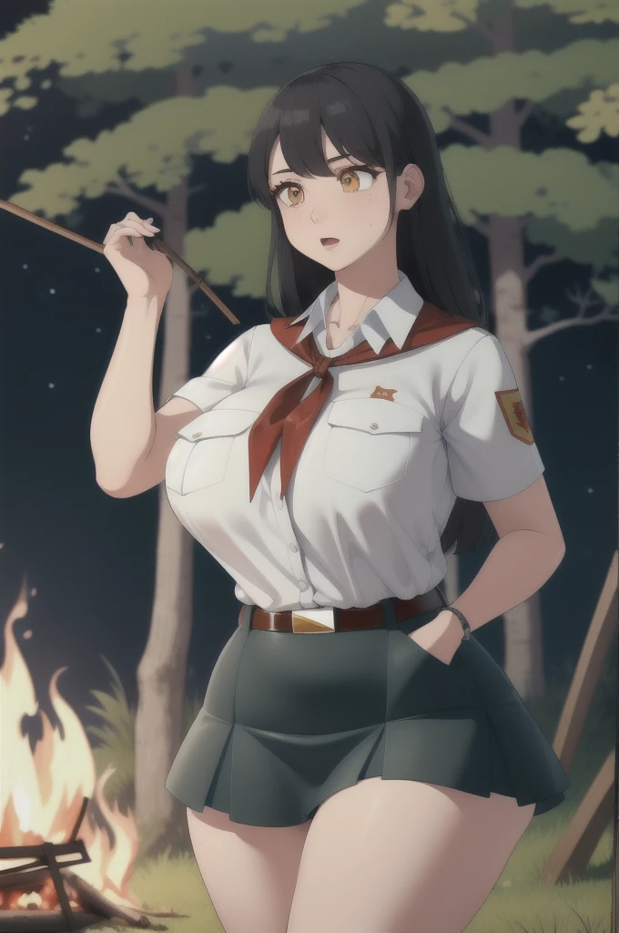 high quality, best quality, beautiful, perfect lighting, detailed face, ultra cute face, 1girl, solo, black hair, long hair, orange eyes, big breasts, large breats, huge breats, thick thighs, wind lift, outdoors, grass, field, forest, pioneer neckerchief, pioneer movement soviet pioneer, short skirt, blue skirt, bangs, shirt, collarbone, white shirt, short sleeves, collared shirt, belt, neckerchief, eyelashes, red neckerchief, pocket, breast pocket, night, forest, campfire,