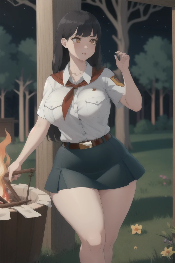 high quality, best quality, beautiful, perfect lighting, detailed face, ultra cute face, 1girl, solo, black hair, long hair, orange eyes, big breasts, large breats, huge breats, thick thighs, wind lift, outdoors, grass, field, forest, pioneer neckerchief, pioneer movement soviet pioneer, short skirt, blue skirt, bangs, shirt, collarbone, white shirt, short sleeves, collared shirt, belt, neckerchief, eyelashes, red neckerchief, pocket, breast pocket, night, forest, campfire,