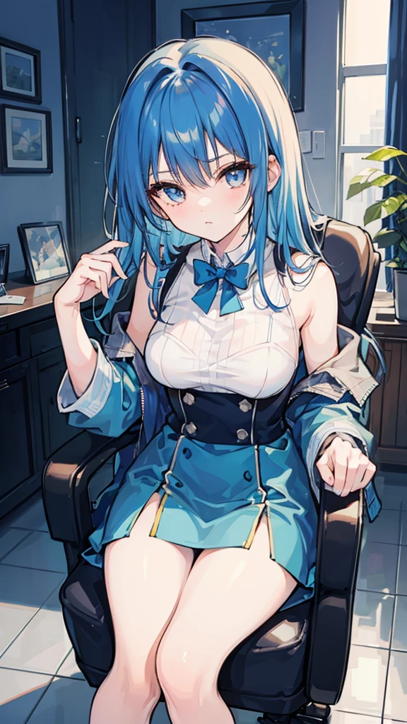 A girl with blue hair,sit on the chair,The hand is holding the model parts,Look relaxed,And focused,There is indeed a feeling of boredom,Polishing the parts