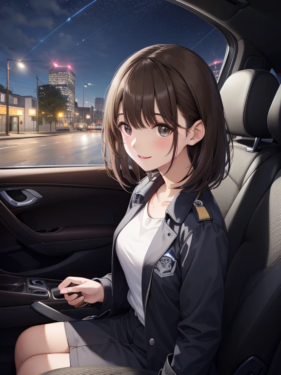 anegasaki nene、Shiny brown hair, short hair, (Beautiful brown eyes、Sparkling eyes, Fine grain)、smile、Ultra-detailed eyes、Highly detailed face, Highly detailed eyes,

1 sitting woman, From the side, (Sitting in a car seat), Female detective, police, (Black trench coat) Over a business suit, / bangs, (Gazing into the distance), (軽いsmile:0.4), (Turn your back), (Masterpiece Top quality:1.2) Delicate illustrations, super detailed, Big Break  (Quiet residential area) Outdoor, (In the car), night, (cars parked), Detailed Background