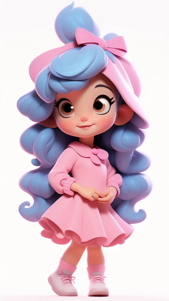 8k, highly detailed, beautiful girl, baby, chibi, , cover art, blue hair bow, brown long hair pink sleeve dress, white background,white shoes, balancing, optimistic
