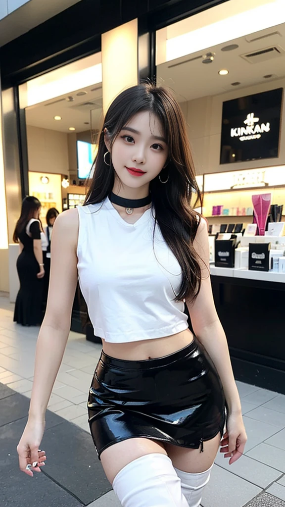(((random composition : 1.2))), (realistic), (intricate details:1.2), (masterpiece、:1.3), (top quality:1.4), (Ultra A high resolution:1.2), Ultra A high resolution, 8K resolution, very detailed expression, (high quality), complete anatomy, natural anatomy, (full body photo:1.2), (1 korean girl), (In front of a cosmetics store's enterance :1.4), (She is promoting her new opening store.:1.5), (she Dancing femininely and sexy : 1.4),(she wearing a microphone in ear),(she doing promotional narration with mic while dancing K-pop.:1.4), (that Event girl dispatched for business promotion purposes : 1.6), she is 21 years old, (she is korean:1.6), (beautiful : 1.4), (brightly colored hair), (She is Narrator model : 1.4), (She is Companion : 1.4),(She is event assistant : 1.4), (big earrings), (in-ear microphone : 1.4), heavy makeup, cheerful expression, choker necklace, long legs, (The girl is wearing a slim, sleeveless racing girl uniform and a tight, shiny miniskirt. : 1.4), (She is wearing flesh-colored shiny pantyhose under her skirt),(she weared white overknee boots. :1.4), glowing skin, passionate promotional model, friendly smile, (Making eye contact with each other :1.4), kidney practitioner, multiple wreaths, event roulette, signboard, woofer speakers, performance equipment, event product promotion, Lots of people passing by on the street and paying attention to her., crowded shopping mall