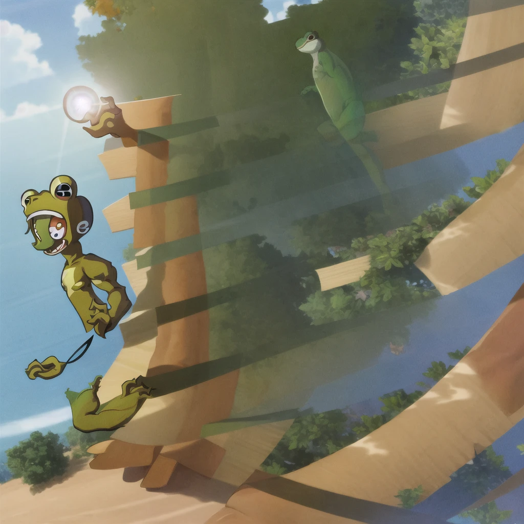 best quality, masterpiece, highres, 1 man, sunny day, green skin, topless male, bare shoulders, bare neck, bare arms, bare legs, bare chest, light smile, looking at viewer, frog face, black eyes, big eyes, glasses, slender body, athletic body