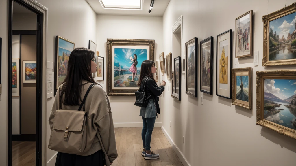 A busy art gallery with people admiring colorful artworks on the walls, and a young woman standing proudly next to her display