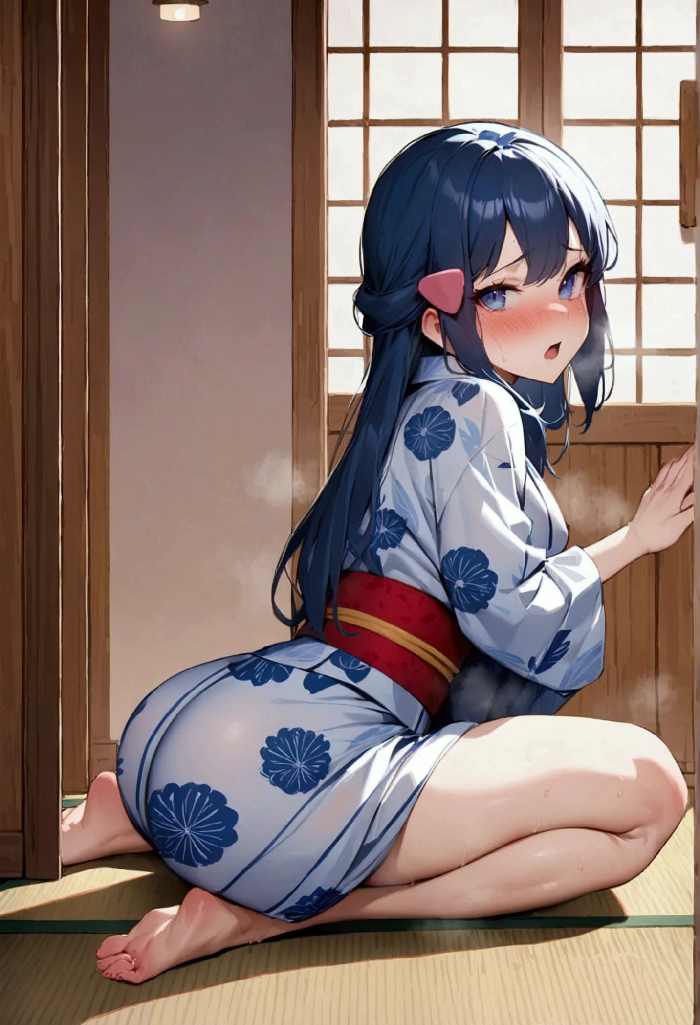 NSFW,masterpiece,Highest quality,High resolution,Super detailed,dawn_\(pokemon\),blue eyes, Blue Hair, Long Hair, Side Lock, Hair Clip,High-quality yukata,Embarrassed,blush,hostel,Japanese-style room,tatami,Hypnosis,brainwashing