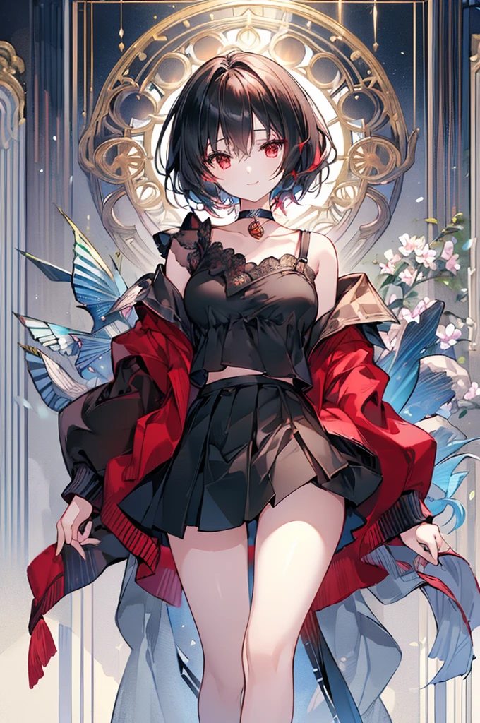 (masterpiece, highest quality, highest quality, (No text), Beautiful and aesthetic:1.2),No text,アニメ、BREAK,One Girl，Black Hair Girl　short hair　older sister　choker　Beautiful eyes　Red eyes　cool　smile　Red and Black　Black jacket　mini skirt　whole body　In town
