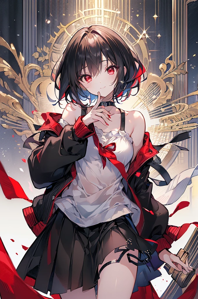 (masterpiece, highest quality, highest quality, (No text), Beautiful and aesthetic:1.2),No text,アニメ、BREAK,One Girl,Black Hair Girl short hair older sister choker Beautiful eyes Red eyes cool smile Red and Black Black jacket mini skirt whole body In town