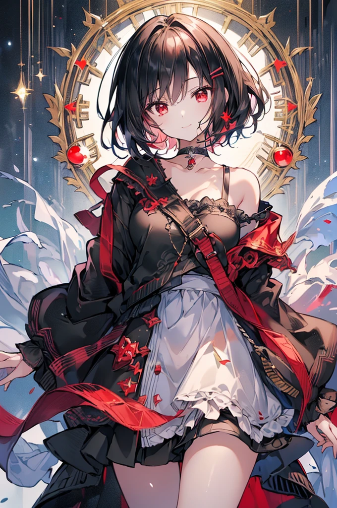 (masterpiece, highest quality, highest quality, (No text), Beautiful and aesthetic:1.2),No text,アニメ、BREAK,One Girl,Black Hair Girl short hair older sister choker Beautiful eyes Red eyes cool smile Red and Black Black jacket mini skirt whole body In town