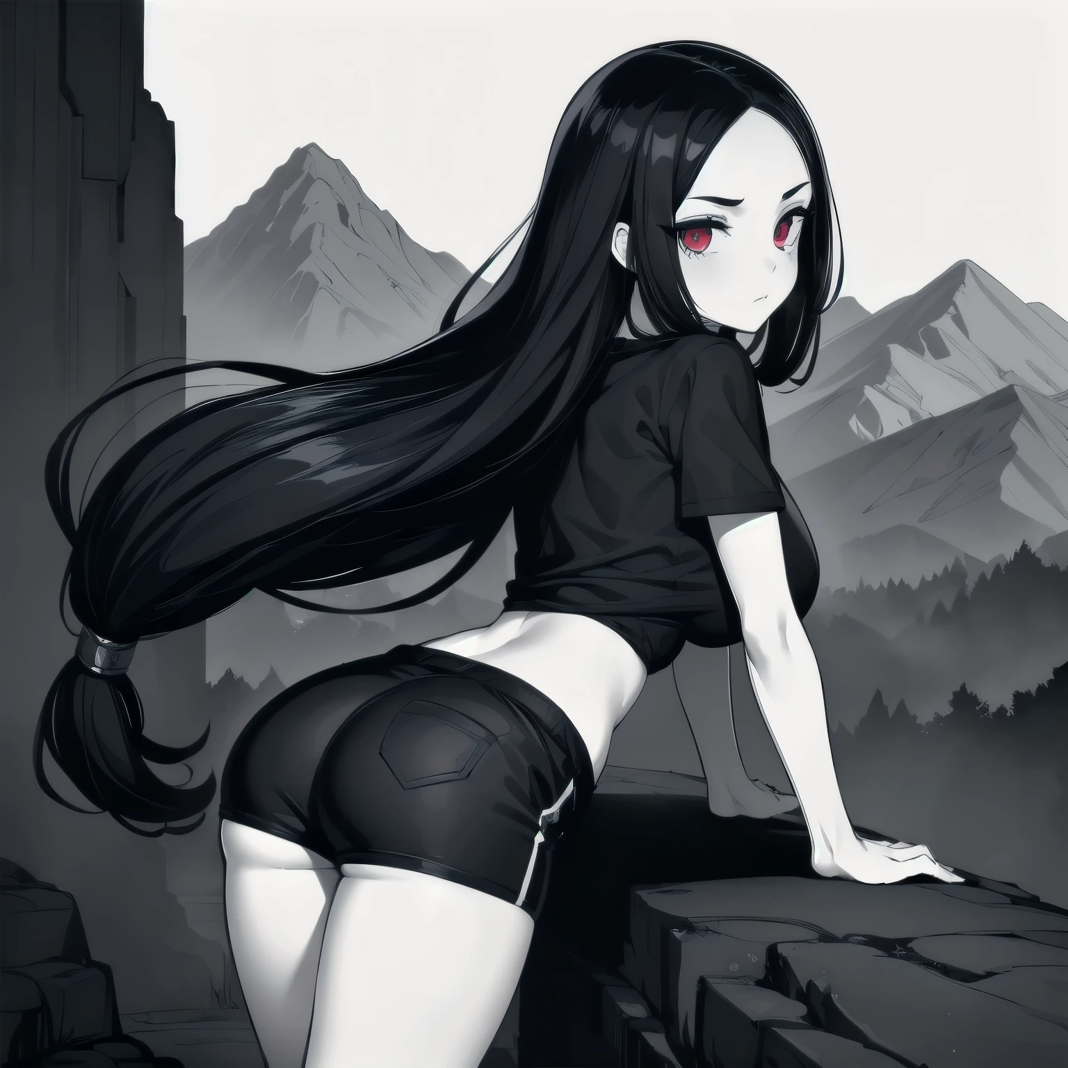 (masterpiece), 1girl, solo, best quality, expressive eyes, perfect face, retro artstyle, (white skin), very long hair, (forehead), messy hair, black hair, large breasts, slim body, young woman BREAK :/, black shirt, short sleeves, black shorts, navel, lineart, (greyscale, monochrome), (white skin), looking at viewer, red eyes, mountains, rocky road, outdoors, standing, landscape, from behind, looking back, cute butt, sneakers
