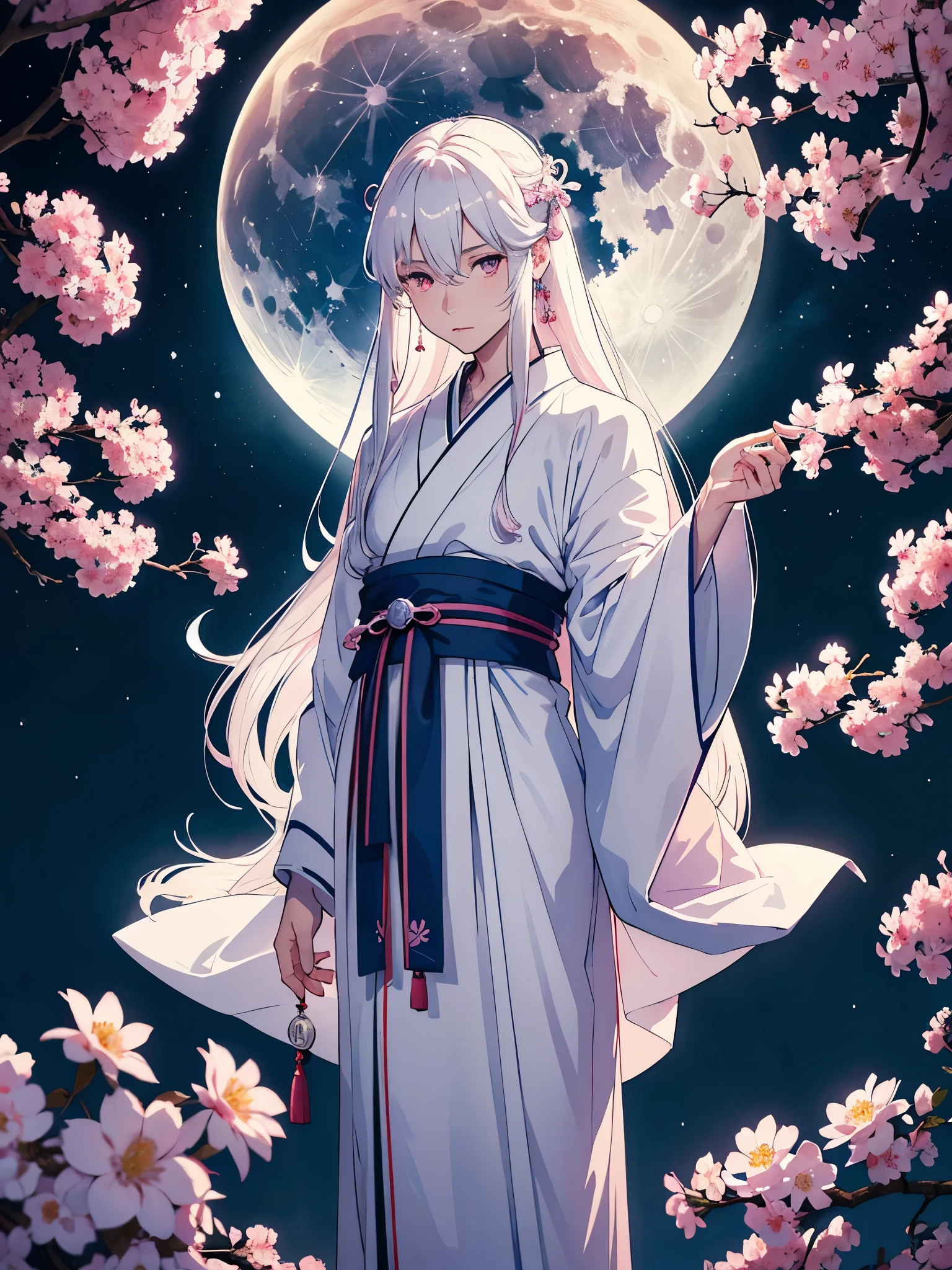 Blaues Licht. Mann. Männlich. Boy. Tsukiyomi. japanese clothes. God of the Moon. long white hair. traditional clothing. divine. full moon. Pink flowers. at night.