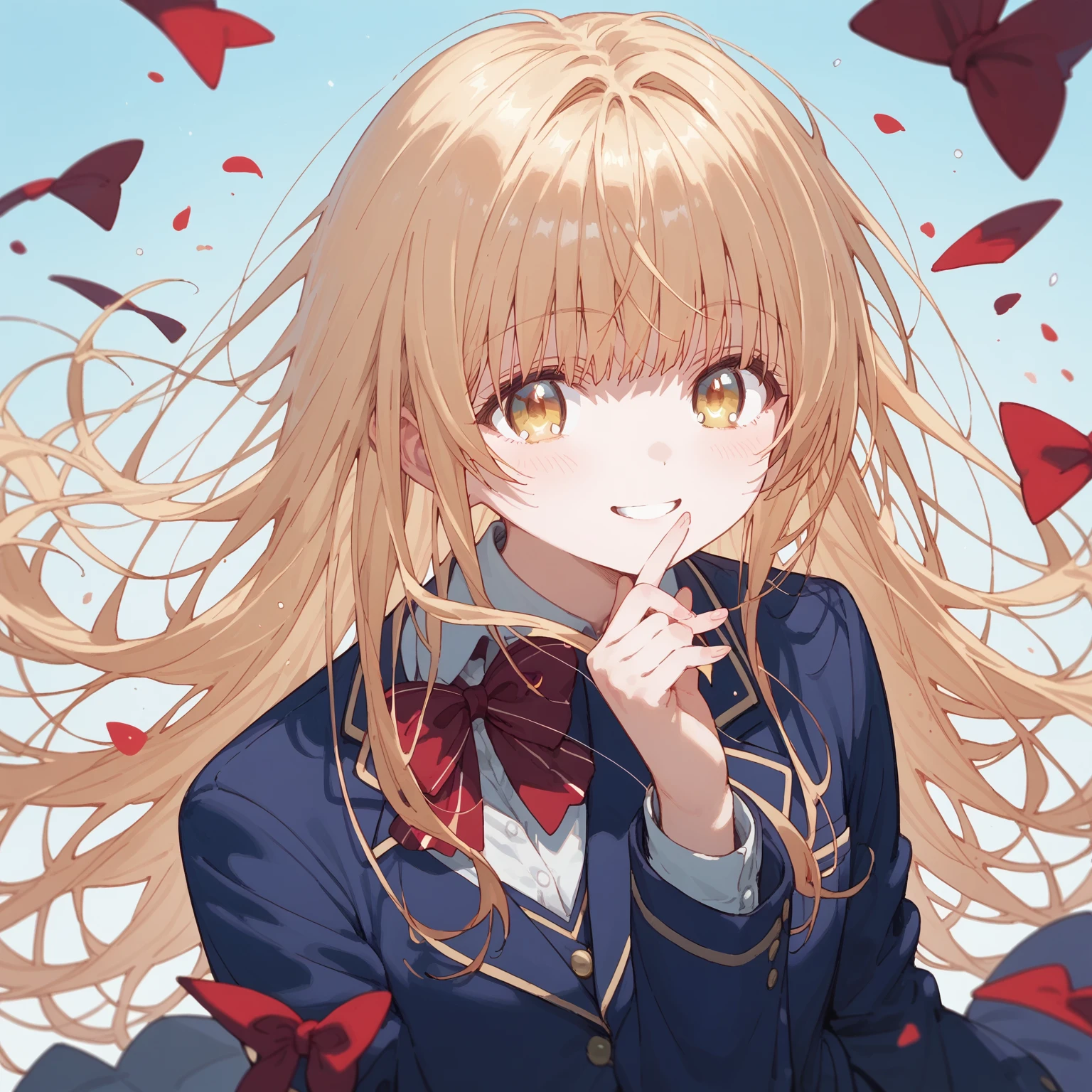 masterpiece,high resolution,smile,alone,mahirushiina,One girl,Blonde,Long Hair,
Blue blazer,Red bow tie,School,