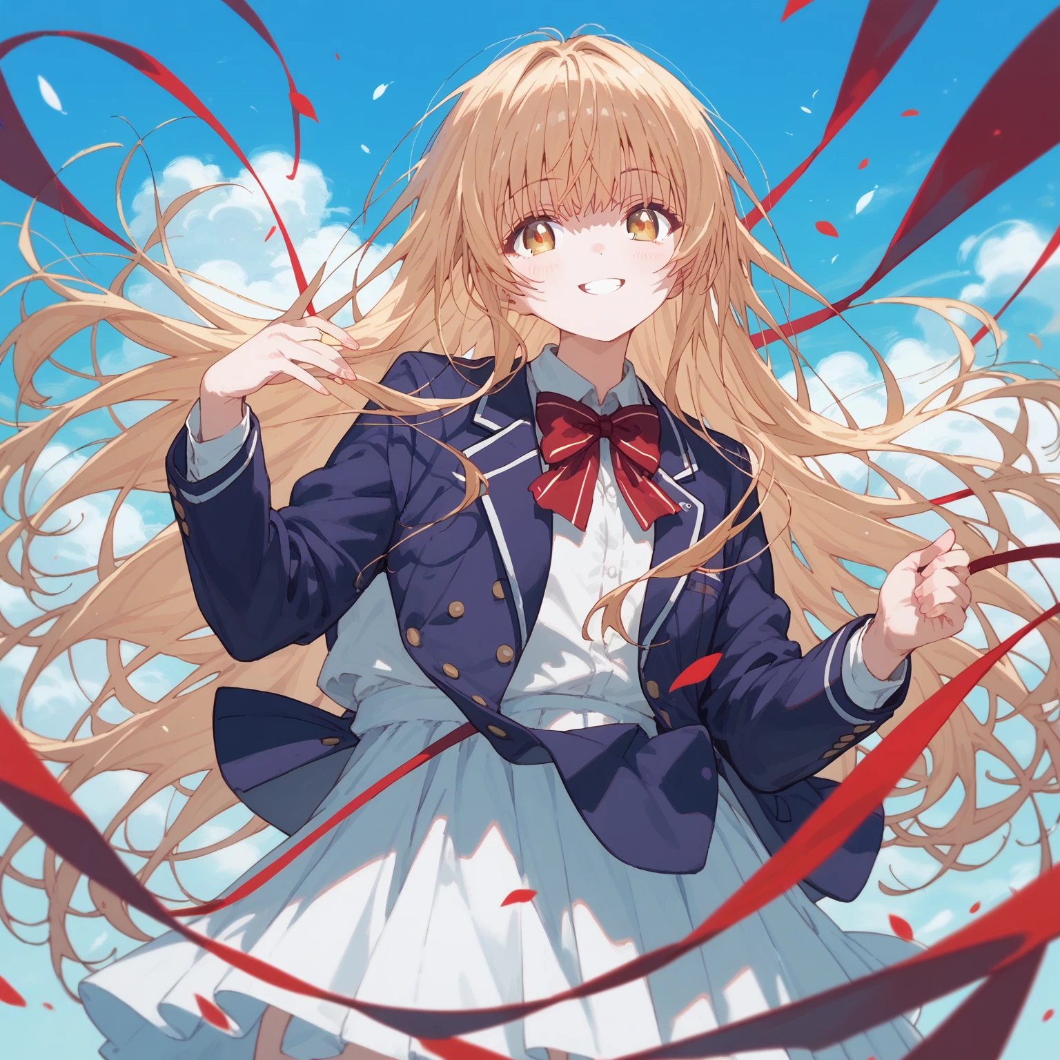 masterpiece,high resolution,smile,alone,mahirushiina,One girl,Blonde,Long Hair,
Blue blazer,Red bow tie,School,