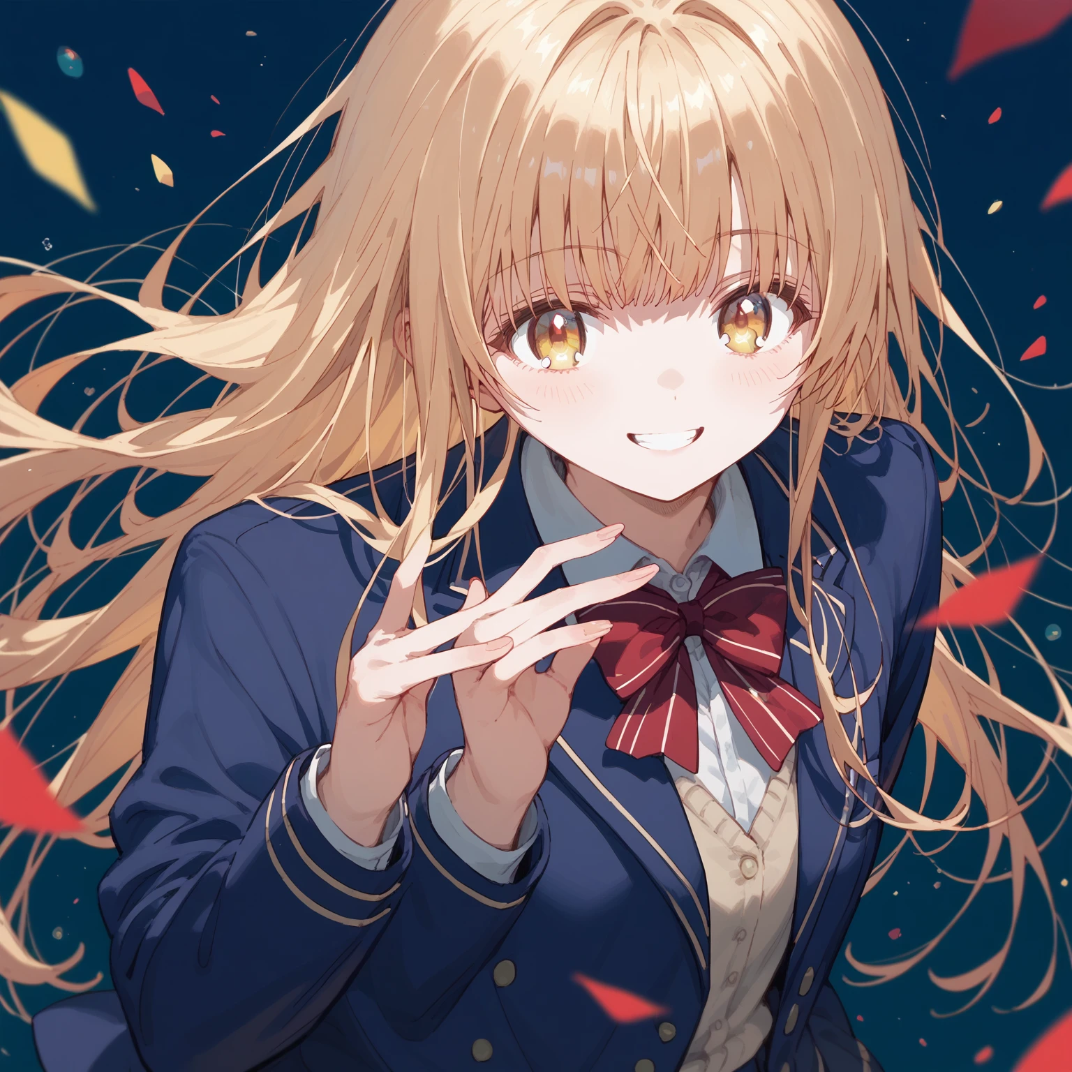 masterpiece,high resolution,smile,alone,mahirushiina,One girl,Blonde,Long Hair,
Blue blazer,Red bow tie,School,