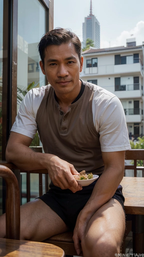 photorealistic,man,Thai person,45 years old,handsome,cool, sitting on the balcony at cafe with coffee, smirk, Looks delicious,Very delicious,Have lunch,realistically,sharp.