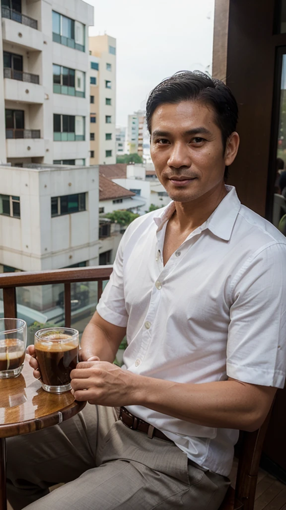 photorealistic,man,Thai person,45 years old,handsome,cool, sitting on the balcony at cafe with coffee, smirk, Looks delicious,Very delicious,Have lunch,realistically,sharp.