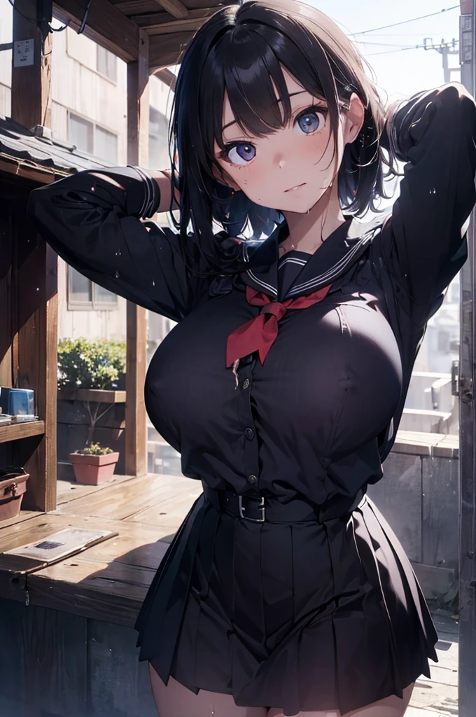 (in 8K), ((ultra-quality)), (looking up), (upward glance), (Bukkake:1.5), (front view), (in 8K), (arms behind head:1.5), ultla highres, Hyper Detailed, High contrast, Ultrafine Strike, creative refinement, absurdres, Realistic, extremely detailed CG unified 8k wallpaper, Highly detailed, High-definition raw color photos, professional photograpy, Realistic portrait, Cinematic Light, Beautiful detailed, 28 years old woman, (realistic skin:1.3), (shiny skin), (Best Quality:1.4), Super Detail, High quality, master piece, lifelike, (After SEX), Bukkake, Perfect face, (Sharp Focus), (Cowboy shot), (close up), Delicate Beautiful Hair and Eyes and Face, Delicate eyes, radiant eyes, Lifelike, Hyper-detailing, (Wearing a black sailor uniform with black shirt:1.3), (school costume), (black sailor collar), (black japanese school shirt), (no tie), (Sheer), (black pleated shirt), (colossal breasts:1.5), (large breasts:1.6), (Beautiful breasts:1.5), (covered breasts:1.5), (wet), (arms behind head), Beautiful cute woman, camel-toe details, (SFW), wet clothes, pale black eyes, (dark hair), (asymmetrical bangs),