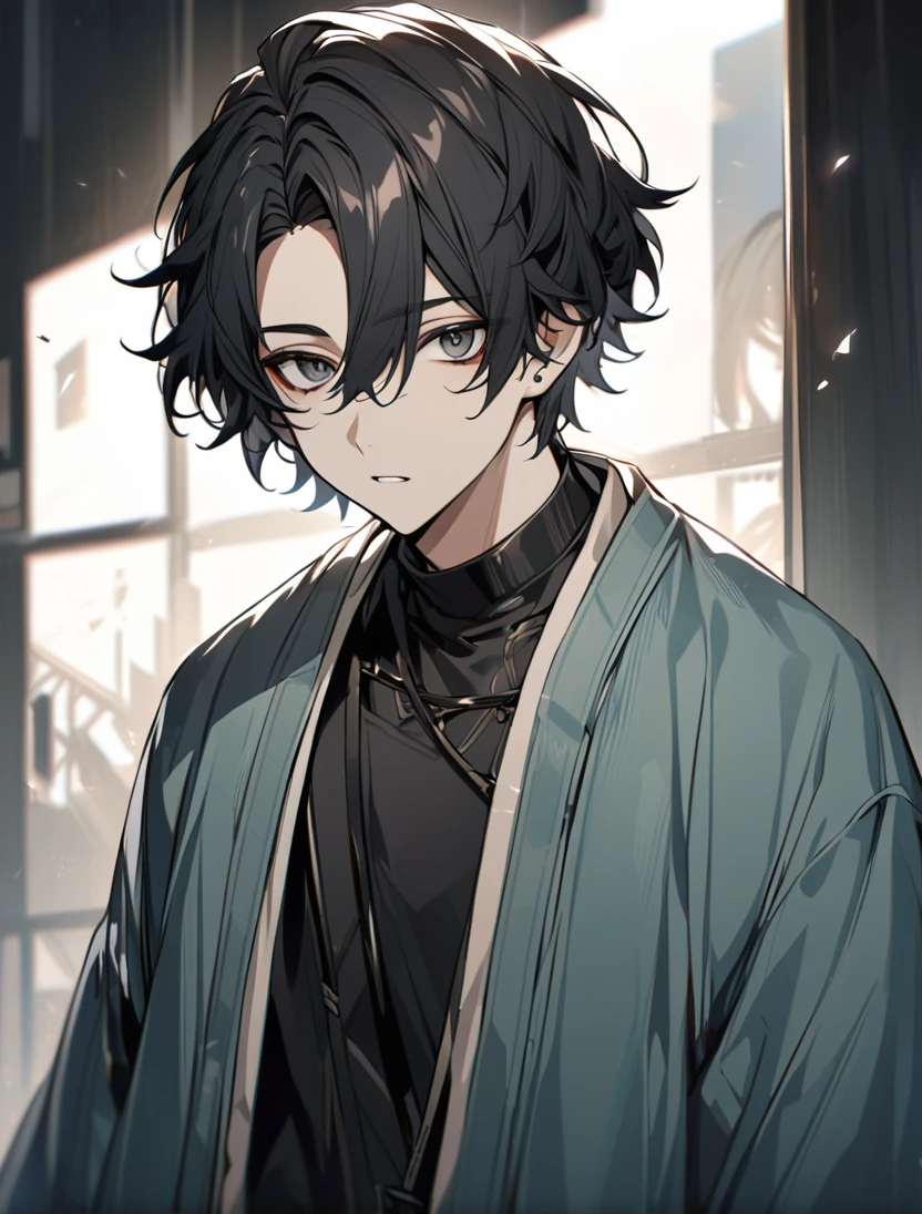 (black_hair), (short_hair), (deep_black_eyes), (high_detailed_eyse), (Handsome), (Attractive), (male), (unique_dark_colored_Haori), (light_inner_wear), (detailed_Hair), (detailed), (detailed_mouth), (Teenager), (dark_under_eyes),
