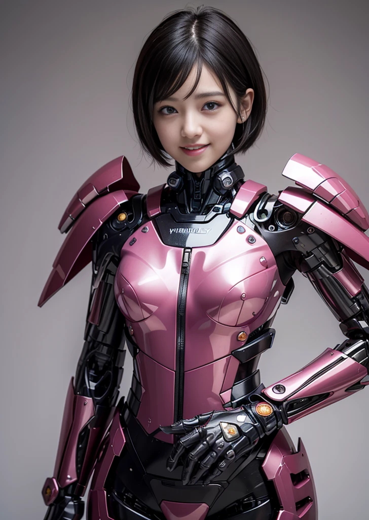 Textured skin, Very detailed, Attention to detail, high quality, 最high quality, High resolution, 1080P, hard disk, beautiful,(Terminator),beautifulサイボーグ女性,pink mecha cyborg girl,Battle Mode,Girl with a mechanical body,She is wearing a weaponized combat cyborg mech,Full Body Shot bare hands Boyish short hair Berry Short Brown eyes Black Hair Kindergarten girl Steam coming out of the head cute smile