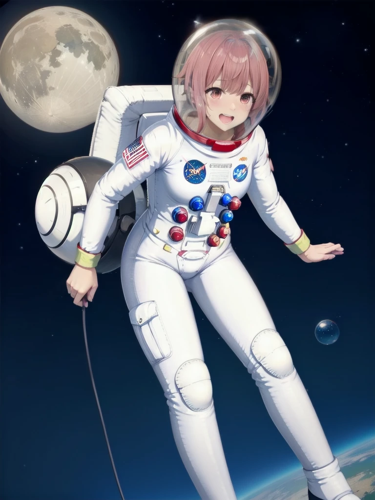 eva helm, spacesuit , astronaut), from above, pink hair, bubble helmet, space helmet,wearing a (spacesuit:1.15), white cargo pants, hovering, flying, moon surface, earth, floating pose, happy, smilebeautiful 8k wallpaper, highly advanced, (sleek design:1.3), intricate, highres, superb, 8k wallpaper, extremely detailed, intricate, (leaning forward:1), looking at the audience,