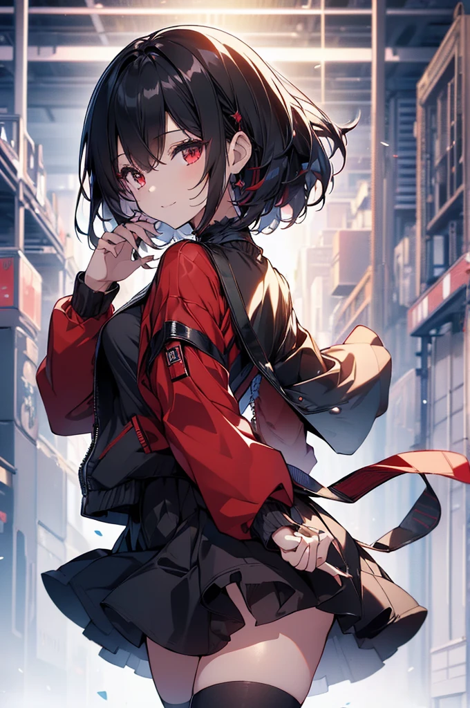 (masterpiece, highest quality, highest quality, (No text), Beautiful and aesthetic:1.2),No text,アニメ、BREAK,One Girl,Black Hair Girl short hair older sister choker Beautiful eyes Red eyes cool smile Red and Black Black jacket mini skirt whole body In town
