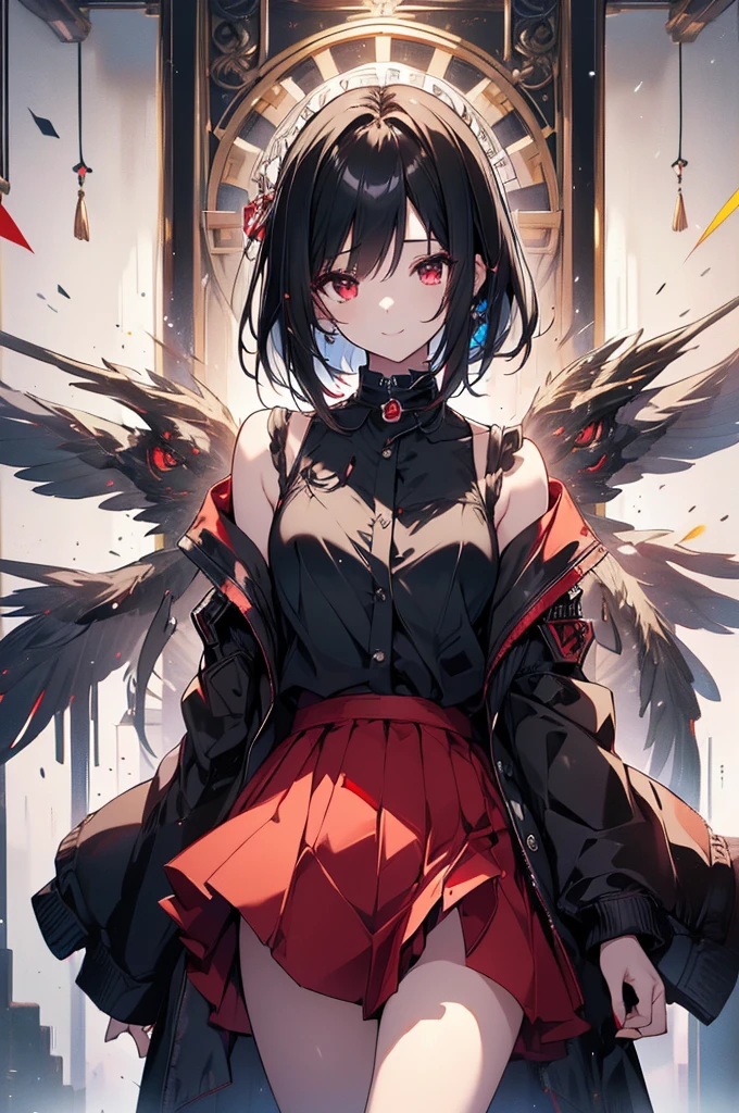 (masterpiece, highest quality, highest quality, (No text), Beautiful and aesthetic:1.2),No text,アニメ、BREAK,One Girl,Black Hair Girl short hair older sister choker Beautiful eyes Red eyes cool smile Red and Black Black jacket mini skirt whole body In town