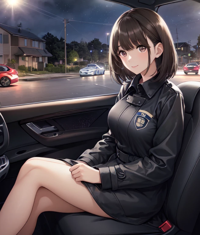 anegasaki nene、Shiny brown hair, short hair, (Beautiful brown eyes、Sparkling eyes, Fine grain)、smile、Ultra-detailed eyes、Highly detailed face, Highly detailed eyes,

1 sitting woman, From the side, (Sitting in a car seat), Female detective, police, (Black trench coat) Over a business suit, / bangs, (Gazing into the distance), (軽いsmile:0.4), (Turn your back), (Masterpiece Top quality:1.2) Delicate illustrations, super detailed, Big Break  (Quiet residential area) Outdoor, (In the car), night, (cars parked), Detailed Background