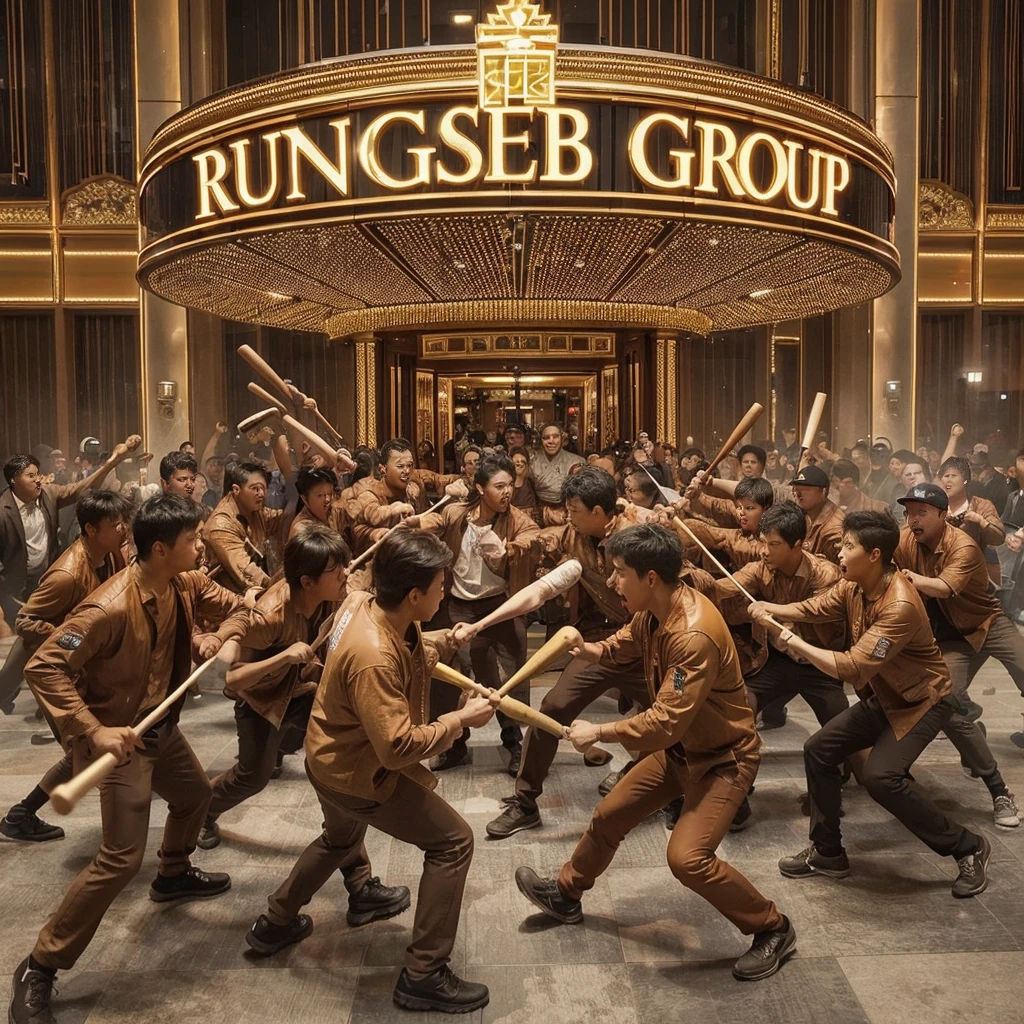 a group of people in brown clothes, holding baseball bats, fighting with a group of people in black, in a luxury casino in Japan, the casino has the words RUNGSEB GROUP