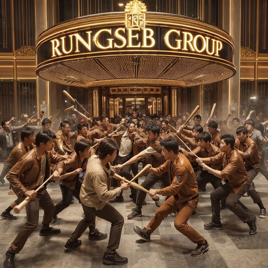 a group of people in brown clothes, holding baseball bats, fighting with a group of people in black, in a luxury casino in Japan, the casino has the words RUNGSEB GROUP