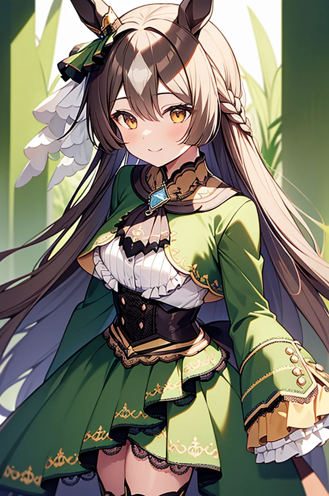 masterpiece, High resolution, Long Hair, Half Up, Braiding, Hair between the eyes, Animal ears, earrings, Horse tail, chest, Frills, Black Ascot, Green Dress, (Sleeves are longer than the wrist:1.2), Black knee socks, Vibrant colors, whole body, Outdoor, (大きなchest:0.8), smile