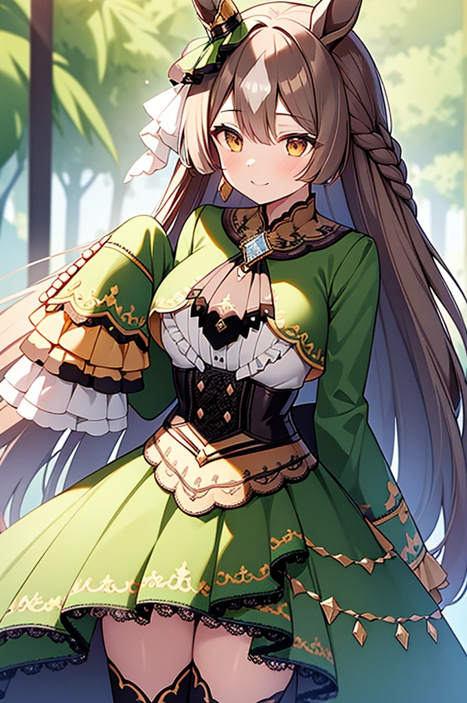 masterpiece, High resolution, Long Hair, Half Up, Braiding, Hair between the eyes, Animal ears, earrings, Horse tail, chest, Frills, Black Ascot, Green Dress, (Sleeves are longer than the wrist:1.2), Black knee socks, Vibrant colors, whole body, Outdoor, (大きなchest:0.8), smile