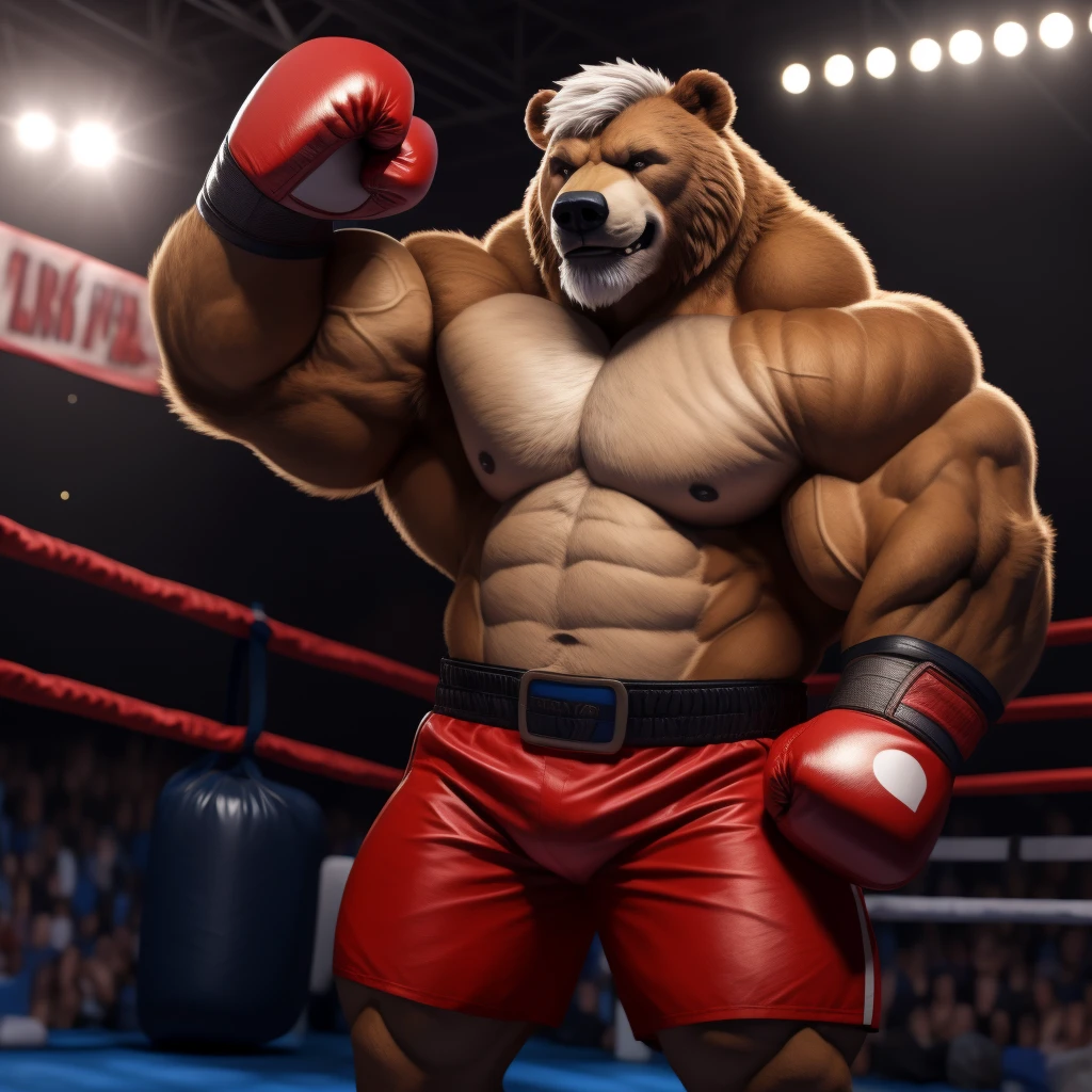 solo, 1boy, Huge Muscular Old Grizzly Bear wearing black boxing belt , black boxing gloves, huge pectoral, thick arms, brown fur, huge pectoral, wide pectoral, short white hair, short pants and shirtless, bearded, gym boxing ring background, masterpiece, semirealistic:1.2, high detailed, 8k, high resolution, punching and blocking, 