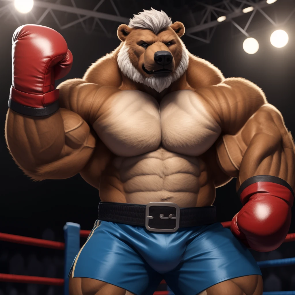 solo, 1boy, Huge Muscular Old Grizzly Bear wearing black boxing belt , black boxing gloves, huge pectoral, thick arms, brown fur, huge pectoral, wide pectoral, short white hair, short pants and shirtless, bearded, gym boxing ring background, masterpiece, semirealistic:1.2, high detailed, 8k, high resolution, punching and blocking, 