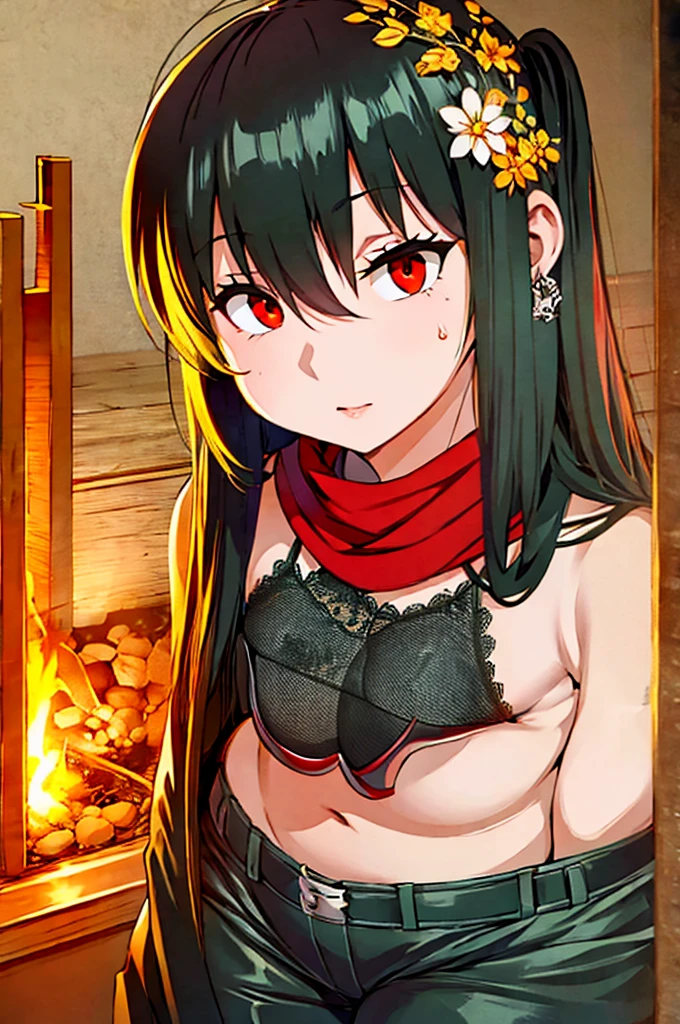 black hair, red eye, big