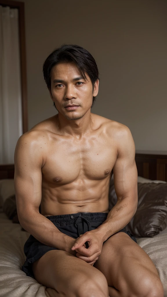 photorealistic,man,Thai person,45 years old,handsome,cool, sitting on the bed, tired, Looks delicious,Very delicious,Have lunch,realistically,sharp.