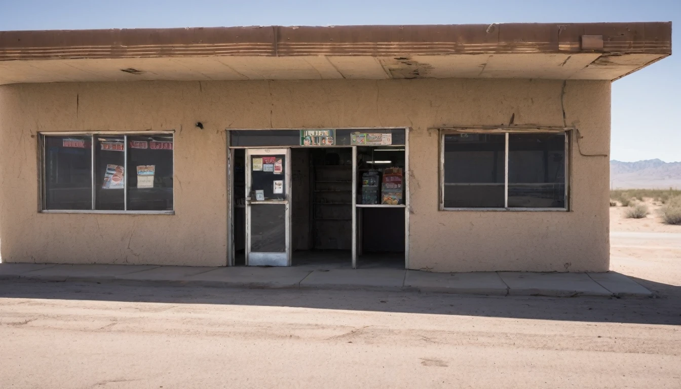 Initially, he thought it was a convenience store in the middle of the desert, but he soon realized that he was in front of a desolate establishment, almost as if it had been suddenly abandoned.
The door to what appeared to be a convenience store creaked open, revealing an interior plunged into darkness.