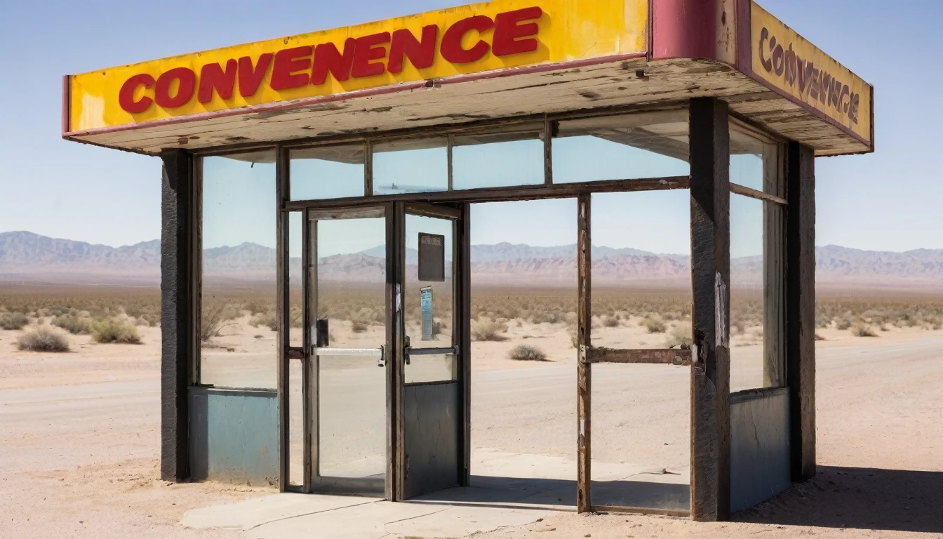 Initially, he thought it was a convenience store in the middle of the desert, but he soon realized that he was in front of a desolate establishment, almost as if it had been suddenly abandoned.
The door to what appeared to be a convenience store creaked open, revealing an interior plunged into darkness.