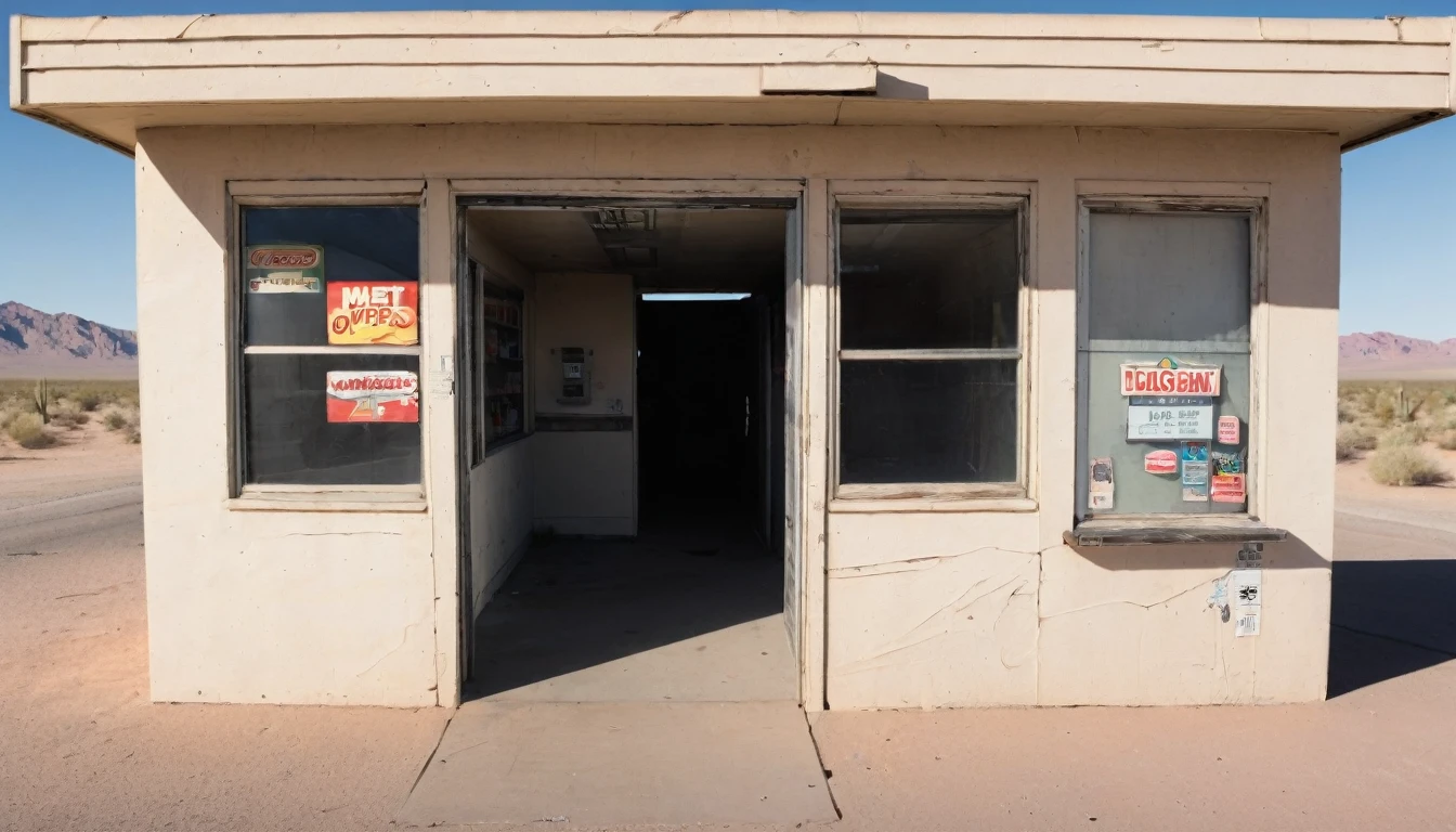 Initially, he thought it was a convenience store in the middle of the desert, but he soon realized that he was in front of a desolate establishment, almost as if it had been suddenly abandoned.
The door to what appeared to be a convenience store creaked open, revealing an interior plunged into darkness.